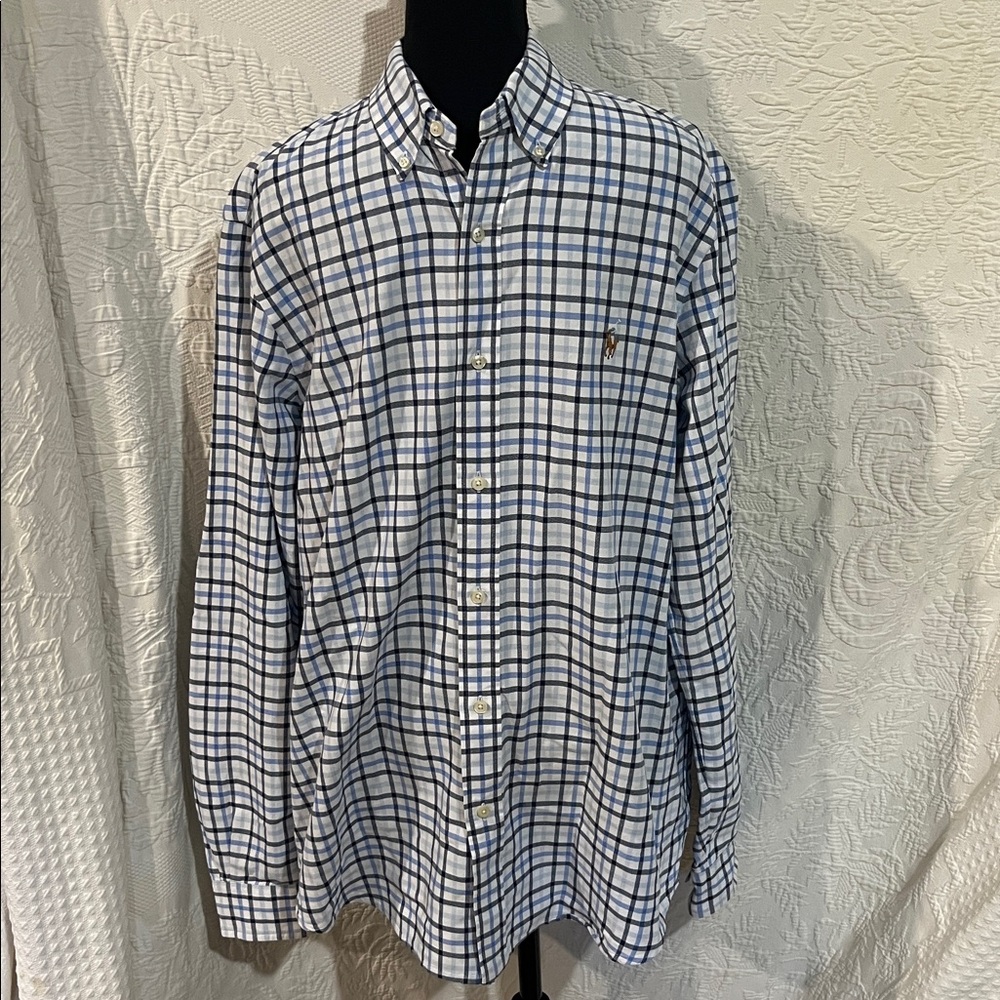 Ralph Lauren Blue and White Plaid Oxford Shirt, size large